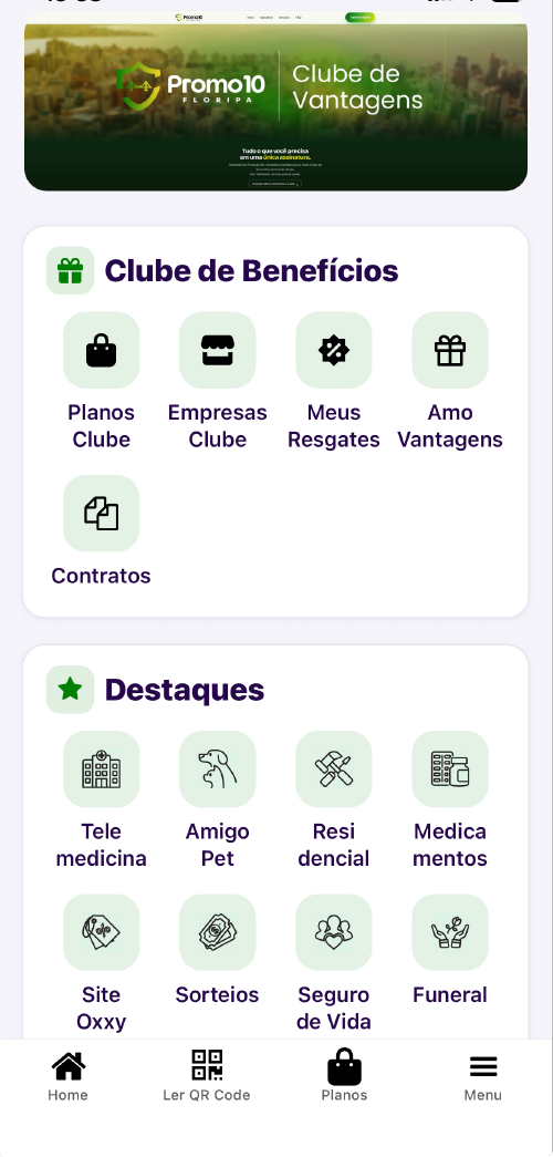 Tela inicial do app Promo10 Floripa com o Clube de Benefícios