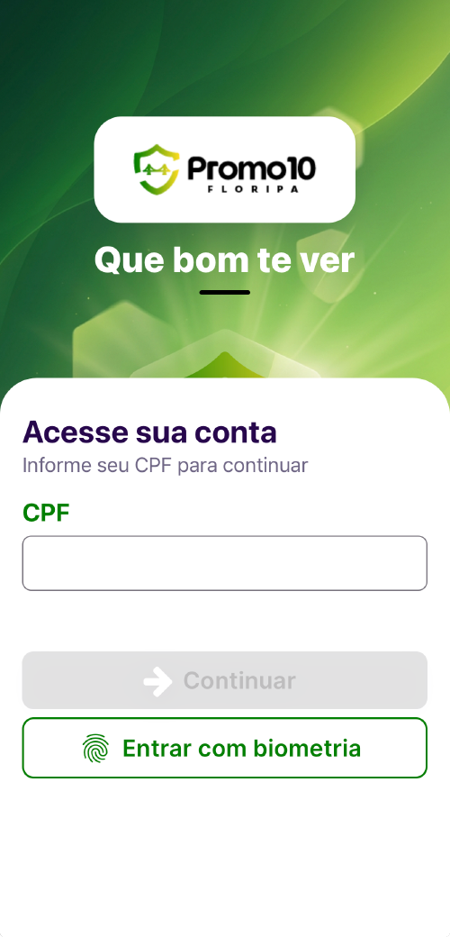 Tela de acesso do app Promo10 Floripa