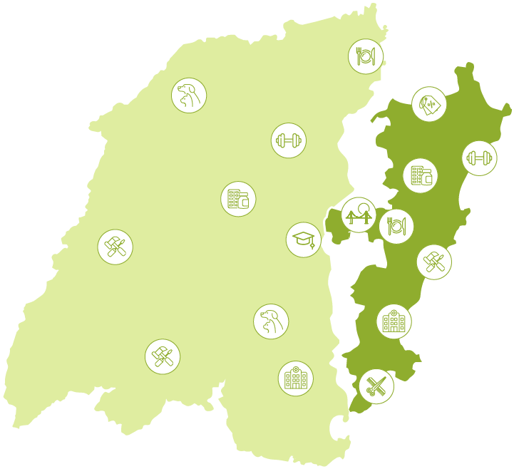 Mapa da Grande Florianópolis com ícones das categorias de empresas parceiras