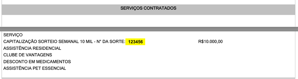 Exemplo de onde encontrar o Número da Sorte no Certificado Individual, na seção Serviços Contratados